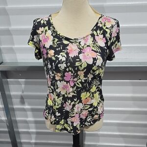 Lucky Brand Black and Pink Floral Fitted‎ Tee